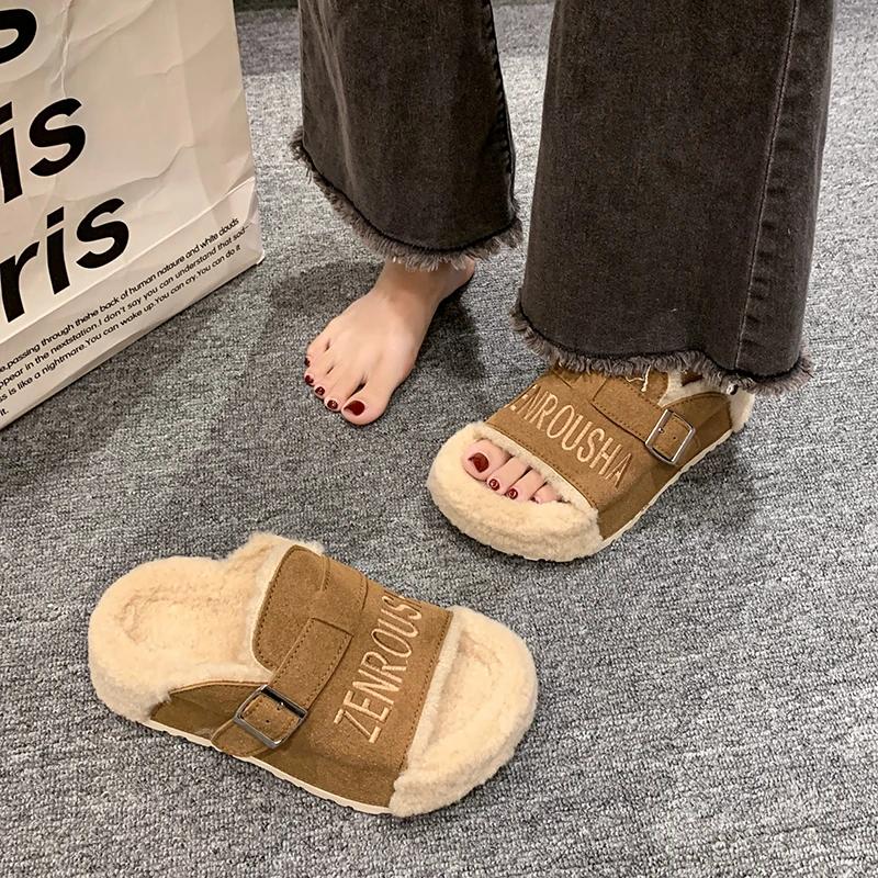 

Fashion Women Fur Platform Slippers Suede Warm Flat Shoes Trend Winter New Flip Flops Casual Fashion Cotton Zapatillas Mujer Hot Selling 40 хаки