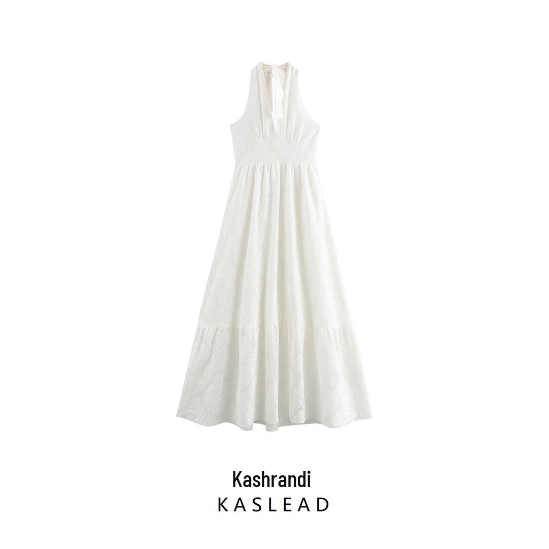 

2025 Spring Women s Fashion: Sexy V-neck Halter Backless Dress M білий