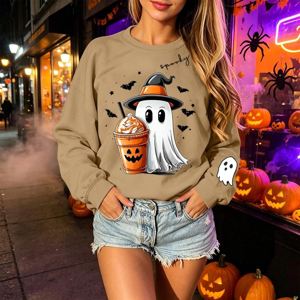 Unisex Halloween Print Long Sleeve Neck Pullover Sweatshirt, Lightweight Casual Top for Men and Women