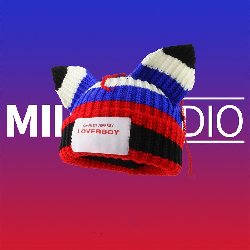 Design Personalized Cat Pig Ears Couple Knitted Wool Hat Cute Warm Autumn and Winter Hats for Men and Women