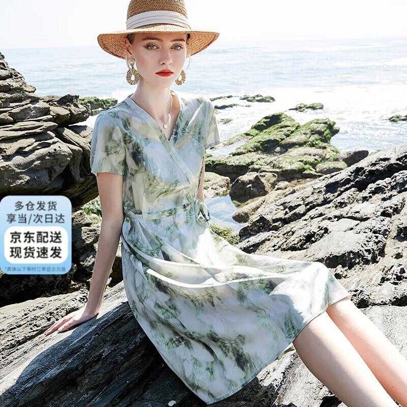 XUEXI Women s Ink Print Silk Short-Sleeve Midi Dress 2XL