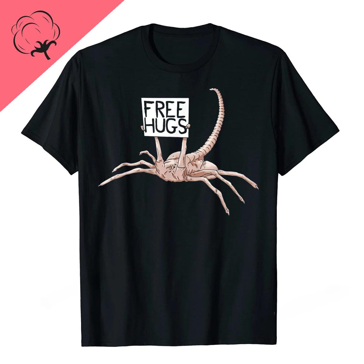 New Style Free Hugs Funny Facehugger Aliens Printed Cotton TShirt Harajuku Comfortable Hip Hop Design Summer Fashion Loose Tee 4XL