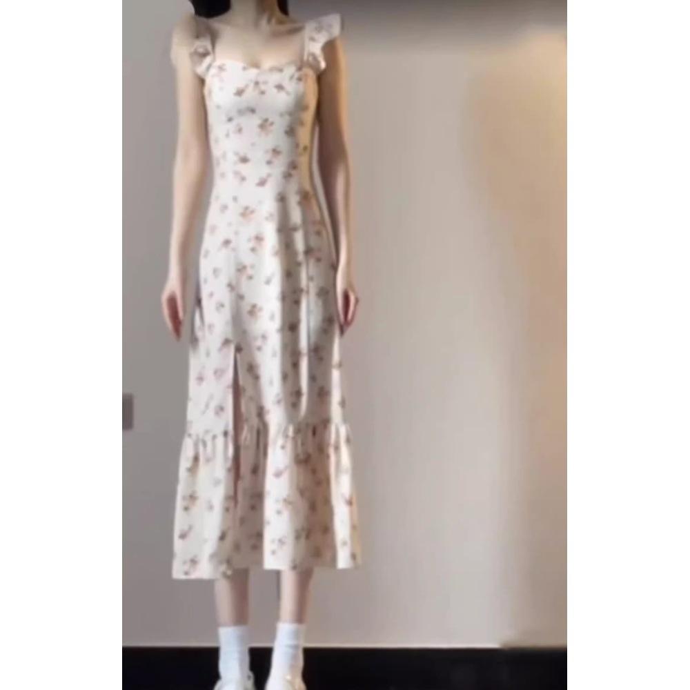 Retro Xiaofei sleeve floral suspender dress for children, slim and thin, beautiful split-ended long dress in summer