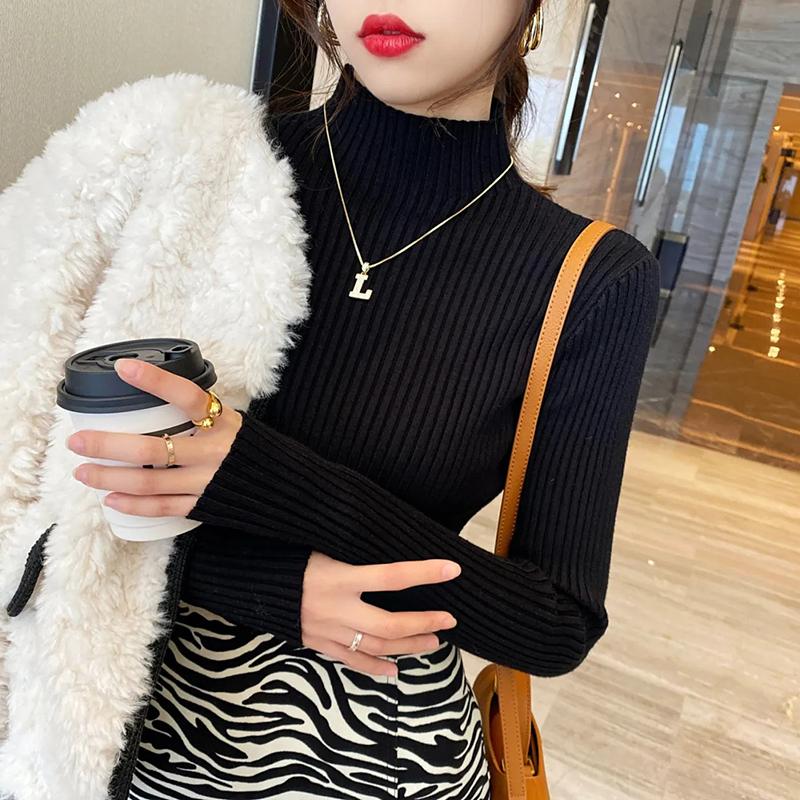 Solide schlanke Pullover Frauen gestrickte Pullover halb High Neck Langarm Topd Bottoming Shirt Jumper