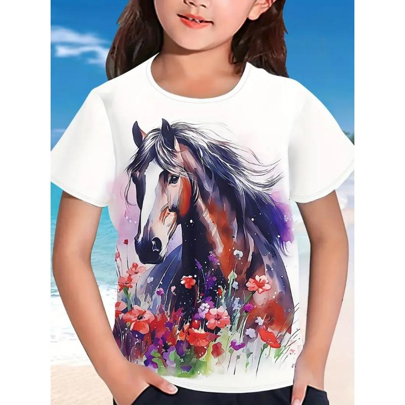 Nowy kreskówkowy T-shirt dziecięcy T-shirt z krótkim rękawem luźny casualowy wzór z koniem topy dla dziewczynek