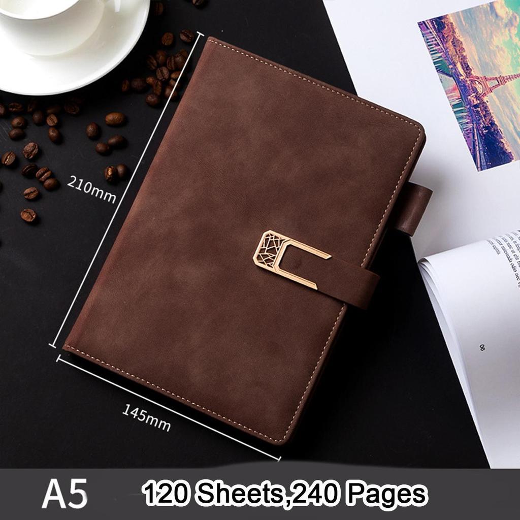A5 Buckled Leather Student Subject Notebook, Business Notepad, Meeting Record Book, Thickened Diary, Travel Log, 120 Sheets 240 Pages