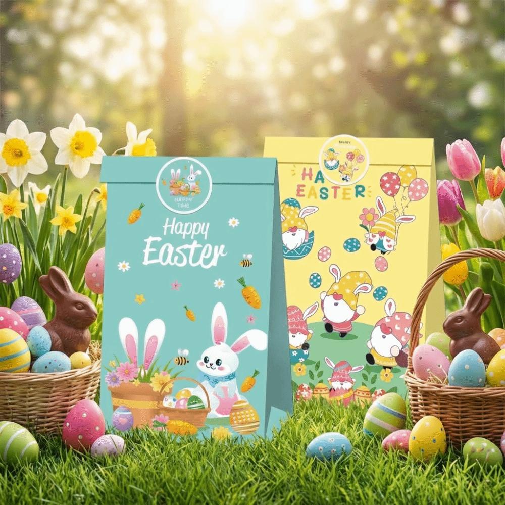 12PCS Multicolor Happy Easter Gift Bags with Seal Sticker Cartoon Rabbit Flower Packaging Bag Kraft Paper Mixed Pattern