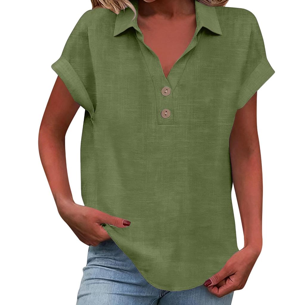 Women's Fashion Casual ,Colour Button,Down Collar Short,Sleeved Shirt T,Shirt Top