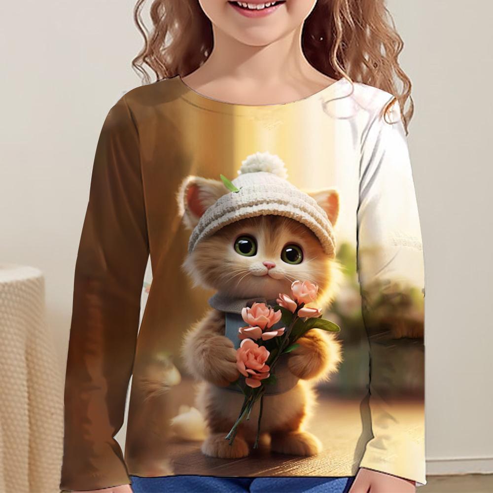 Children's Clothing Long Sleeve Cat Print O-Neck Kids Spring Fall Clothes Fashion Cartoon Girls Clothes T-Shirt Streetwear Tops