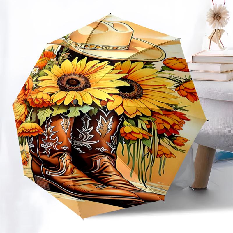 Cowboy Boots with Sunflowers Umbrella- Western Style Cowboy Hat and Boots for Men Women - Festival Gift Idea - Outdoor Rain Umbrella with Au