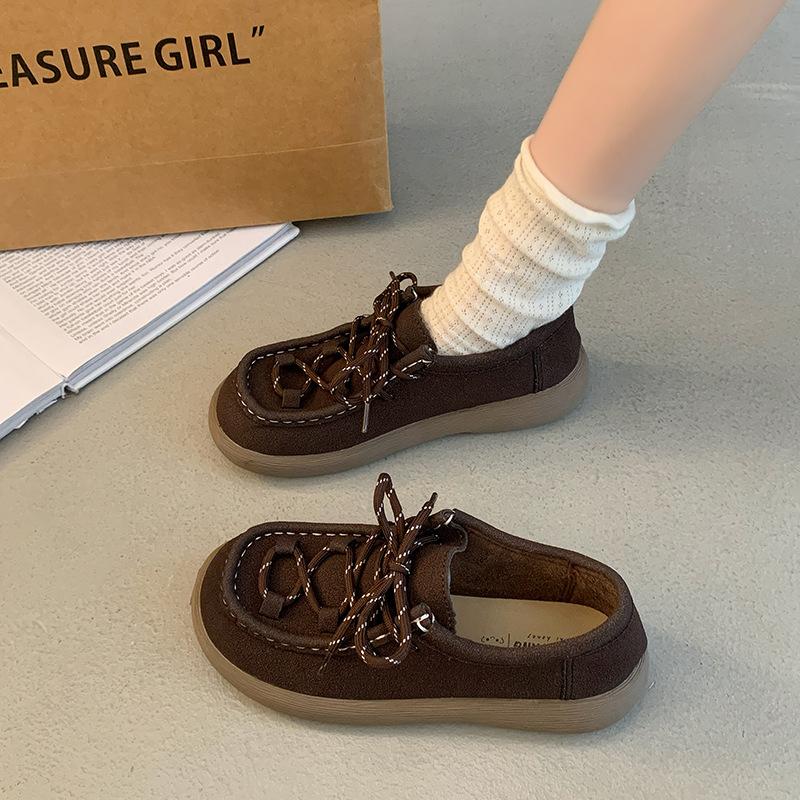 2025 spring and autumn new casual flat women's shoes imitation leather round head lace-up versatile women's single shoes loafer shoes tide