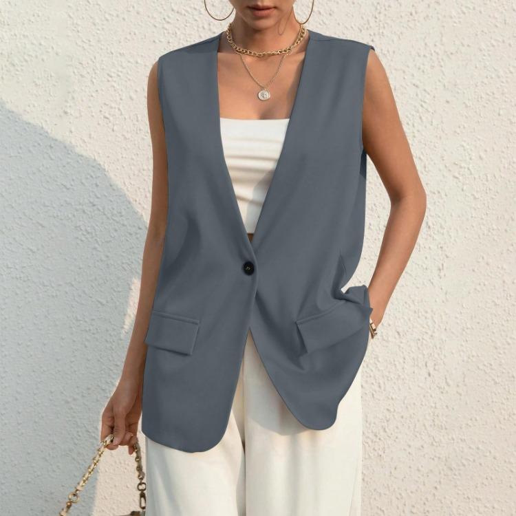 Women's Casual Summer Work Suit Vest Sleeveless V Neck Single Button Solid Color Jacket
