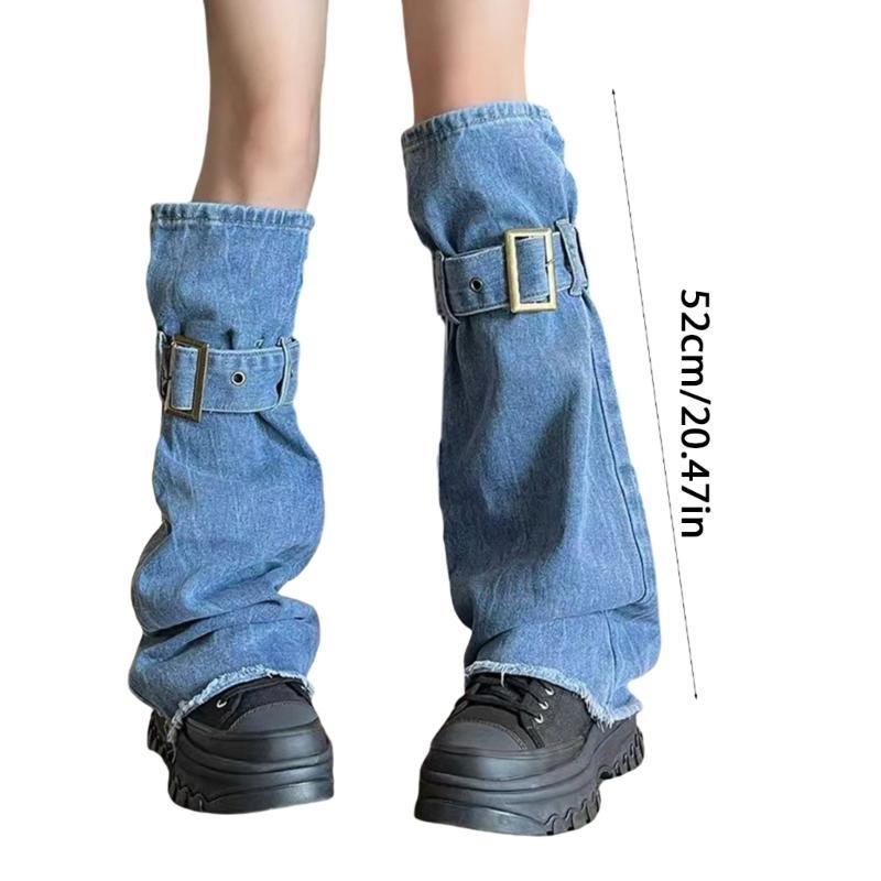 Harajuku Blue Leg Covers with Buckled Strap Washed Jeans Leg Warmer Flared Socks