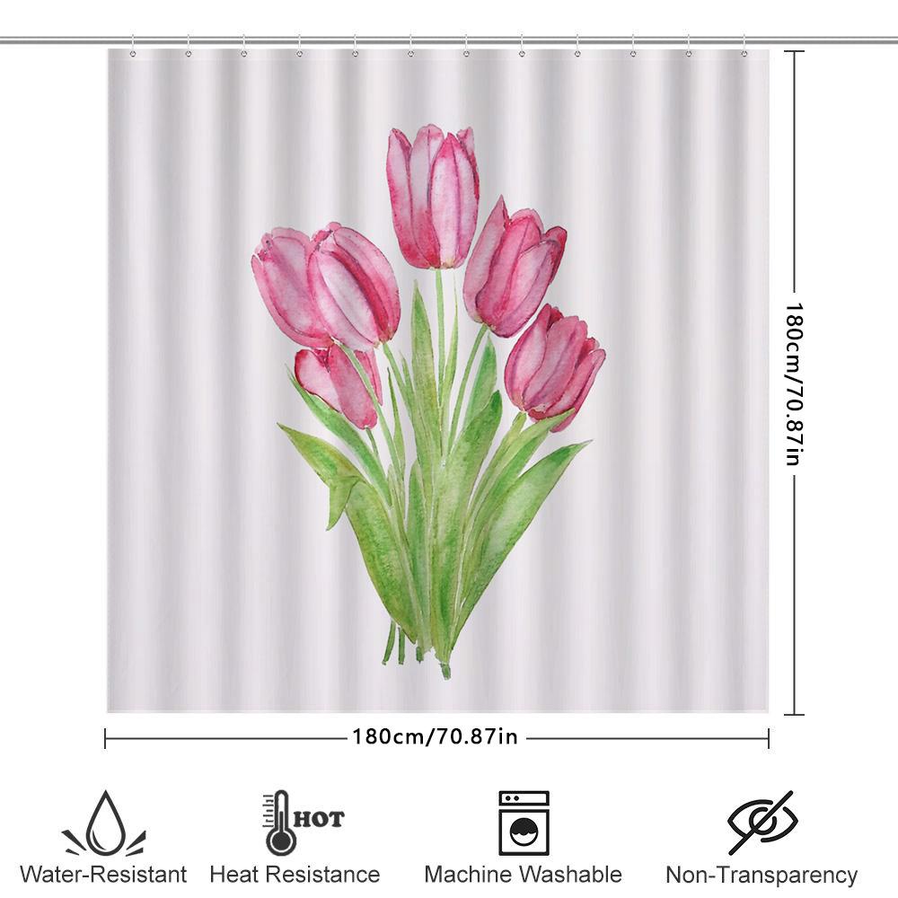 Floral Shower Curtain Botanical Tulip Flowers Pattern Bathroom Decor Waterproof Fabric Washable Modern Farmhouse Style Home