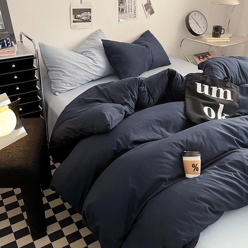 Bettwäsche-Set aus gewaschener Baumwolle 4-teilig Bettlaken-Set Einfarbig Bettbezug Paar Queen King Size Bett Steppdeckenbezug