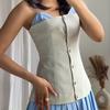 Patchwork Contrast Color Dress Pleated Hem Women Slim Sweet Strap Single Breasted Dresses Blue Y2K College Style 2025 Summer