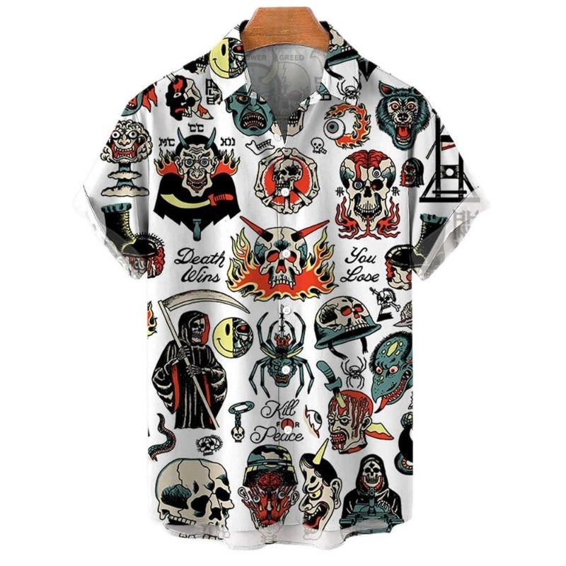 3D Totenkopf Party Hawaiianhemd Herren Lässig Locker Atmungsaktiv Sommer Herren Streetwear Kurzarm Strand EU Größe