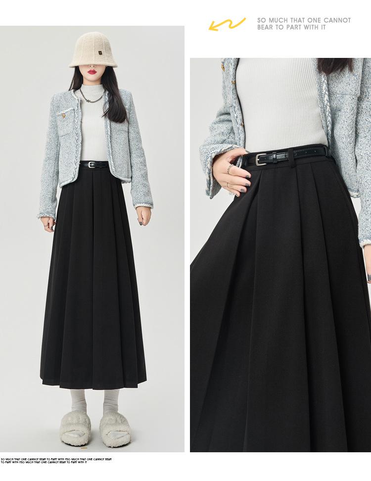 High-Waisted Coffee Wool Skirt for Women, Autumn-Winter Style, Pleated A-Line, Petite Fit, Mid-Length, Perfect Drape