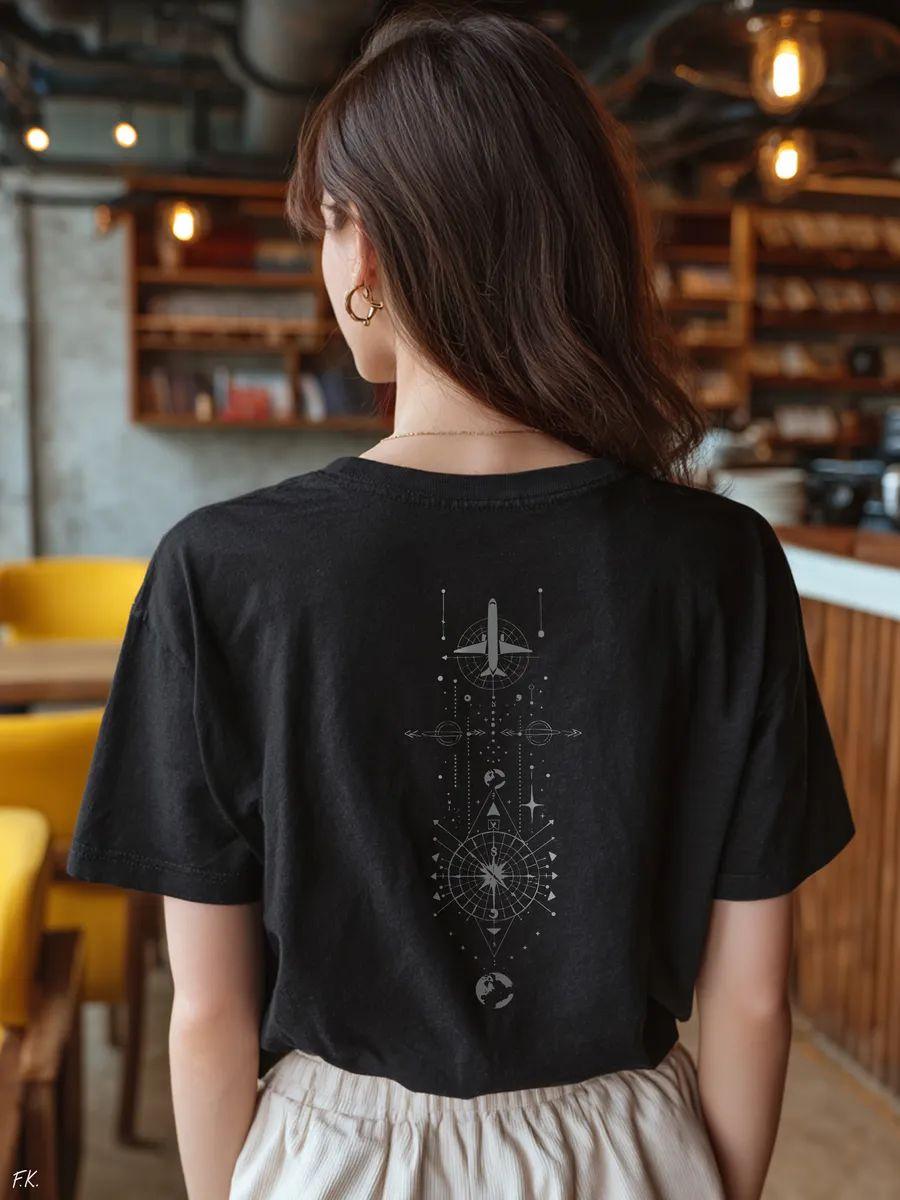 Solid T‑shirt with airplane and compass rose map print XL