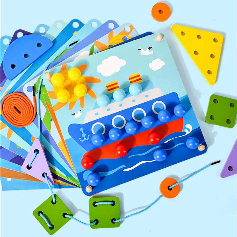 Kids Wooden Educational Threading Board With Mushroom Nail For Brain Development