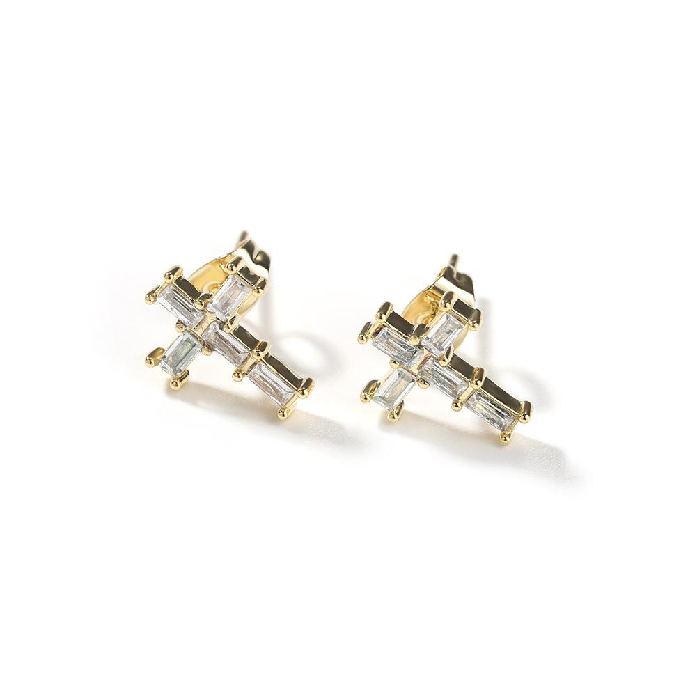 2026 Ladder Cross Stud Earrings for Men and Women of The Same Niche Design High-grade Copper Inlaid Zircon Stud Earrings золотой