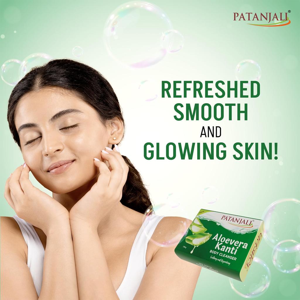 Patanjali Aloe Vera Kanti Body Cleanser Soap 150g X Pack Of 4 Nourishing Moisturizing Bath Bar For Soft Smooth Hydrated Skin