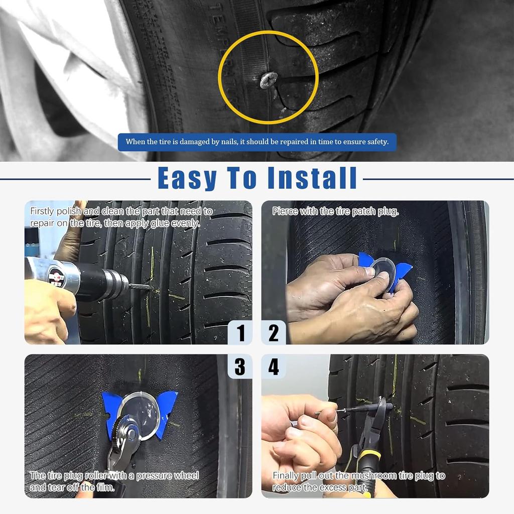 Glarks 26Pcs Tire Repair Patch Tool Kit Including 1Pc Tire Patch Roller, 1Pc Tire Inner Liner Scraper and 24Pcs 4mm/6mm/9mm Tire Repair Patch Plug