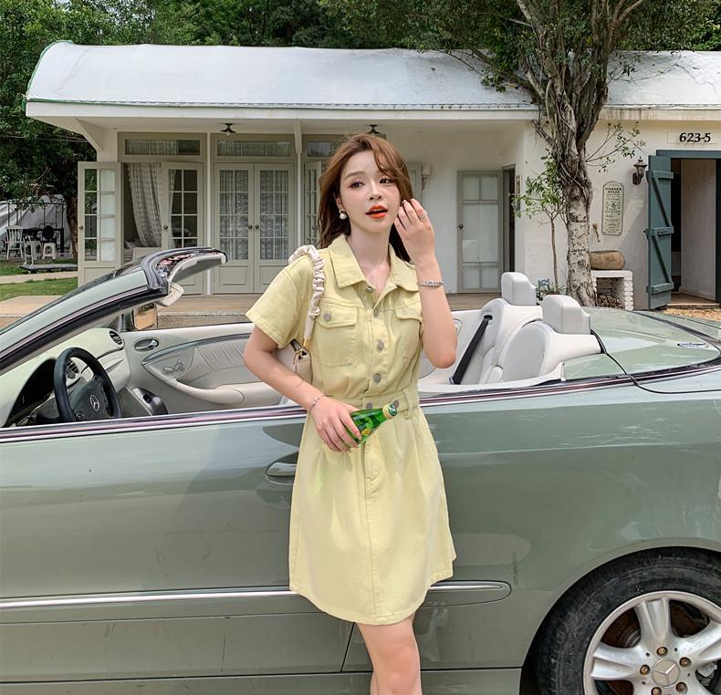 Real Shot: Summer Hong Kong-Style Korean Short-Sleeve Denim Dress - Fashionable Waist-Slimming Design for Women