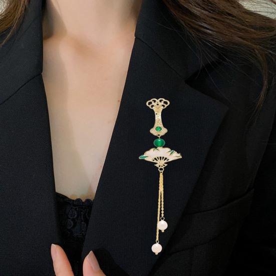 Fan Brooch Beads Tassel Rhinestone Inlays Dazzling Pin Sweater Dress Coat Suit Lapel Badge Outfit Accessories