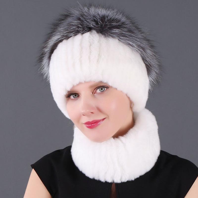 

New Rex Rabbit Fur Fur Accessories Autumn and Winter Women s Versatile Warm Hat Scarf Two-piece Adult Hat Hat, scarf set