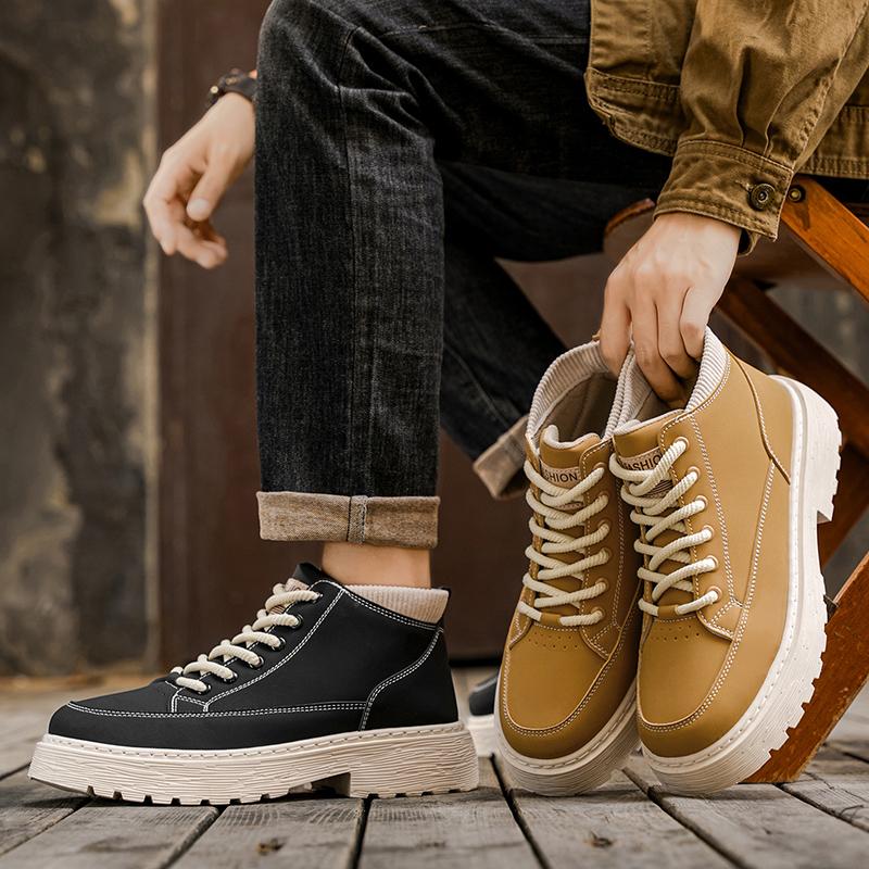 Thick Soled Ankle Boots Men's Thick Heeled Short Boots Cheap Lace Up Motorcycle Flat Shoes Midsole Waterproof Platform Boots
