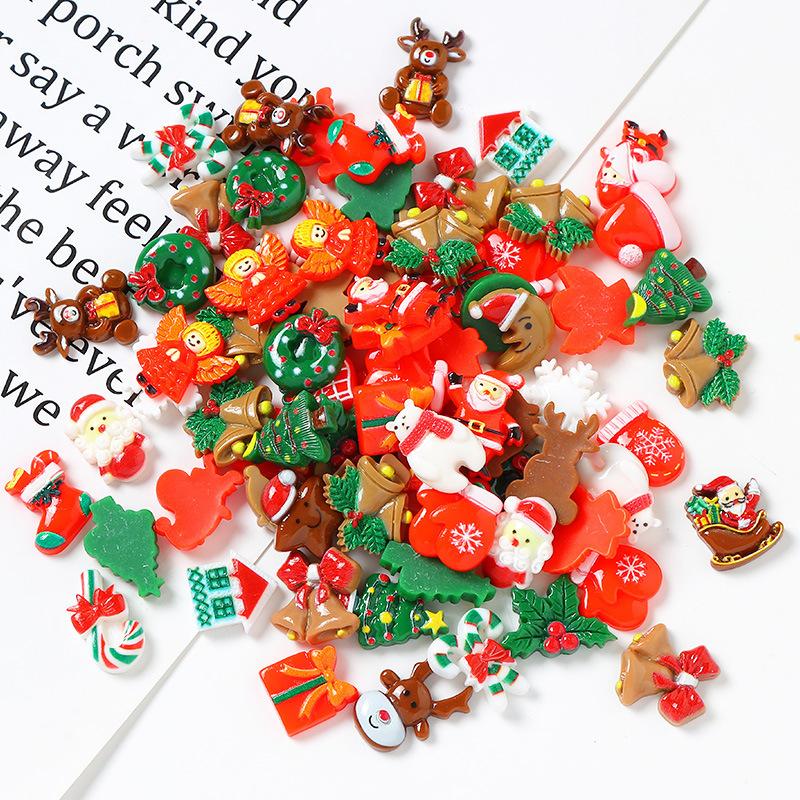50pcs Resin Christmas Flatbacks Santa Snowman Snowflake Holly Xmas Tree Mixed Cabochons For Scrapbooking DIY Crafts Hair Jewelry