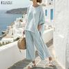 ZANZEA Women 3/4 Sleeve Blouse and Pants Summer Stripe Two Piece Suit Sets