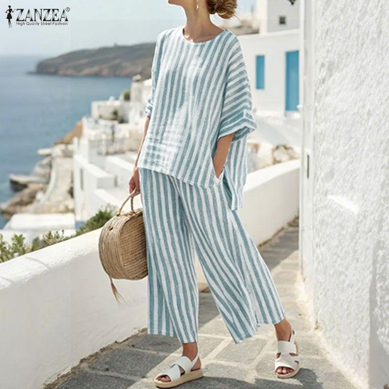 ZANZEA Women 3/4 Sleeve Blouse and Pants Summer Stripe Two Piece Suit Sets