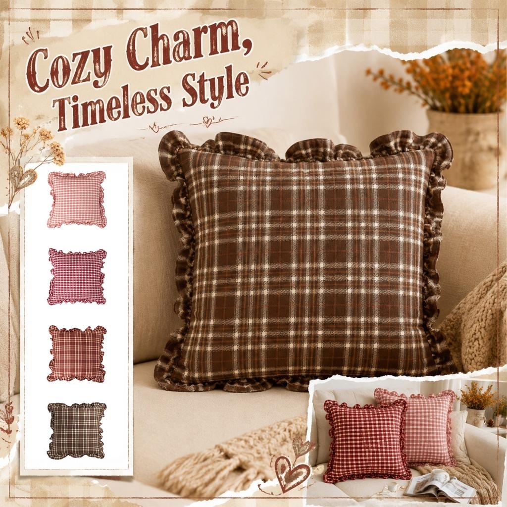 Square Throw Pillow Cover with Ruffled Edges Classic Checkered Pattern Decorative Cushion Case for Sofa Living Room Vintage Style