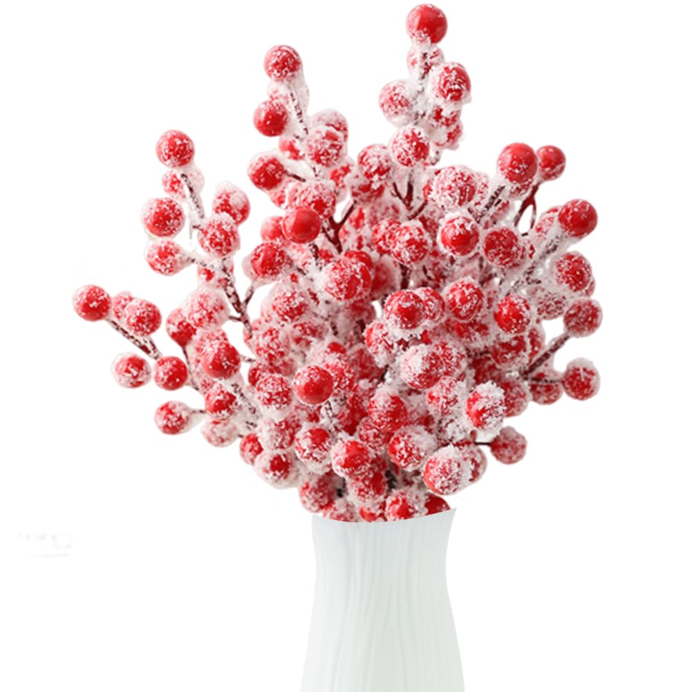 10PCS Artificial Frosted Red Berry Christmas Decoration Snow Fruit Ornament Winter Home Decor