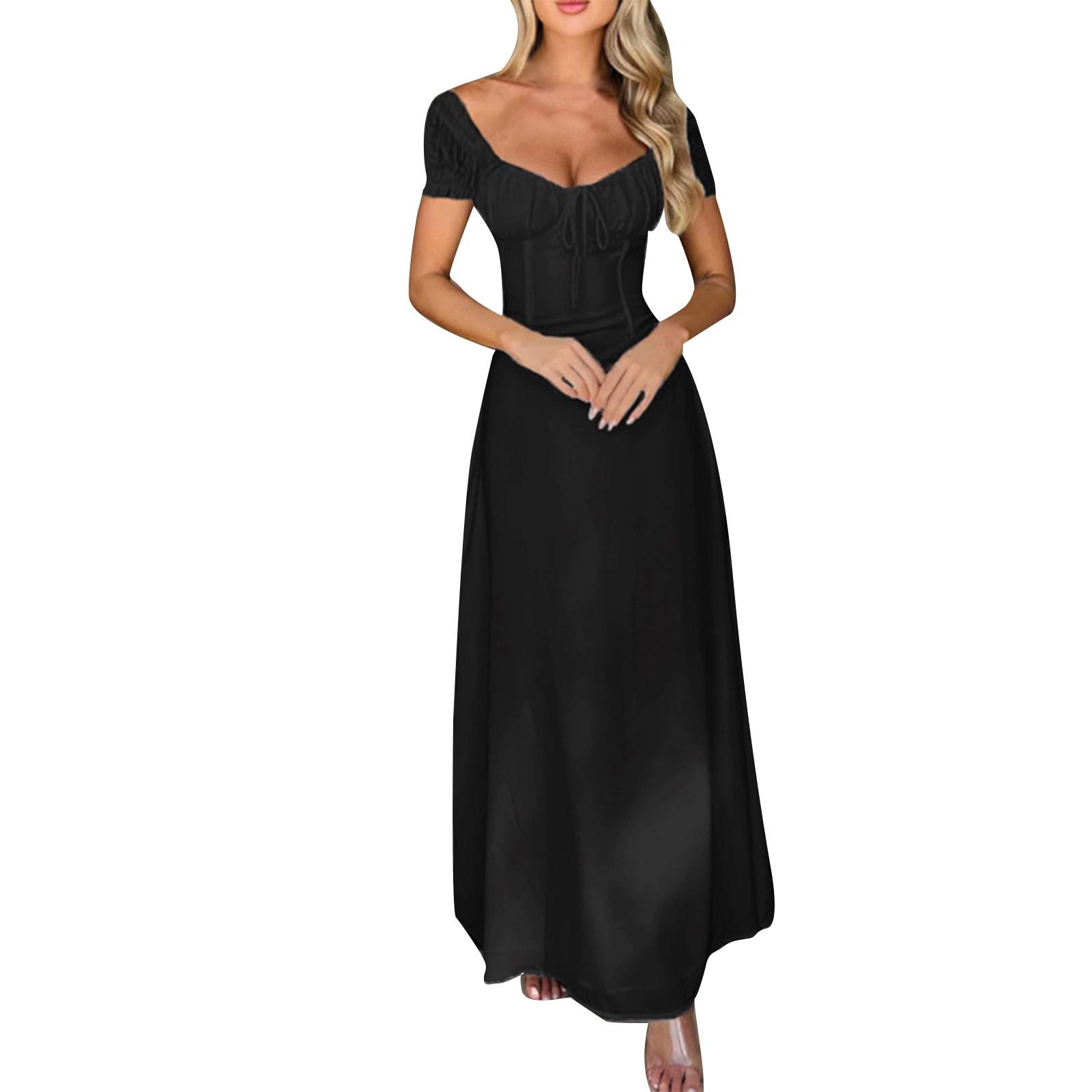 

Женские платья Элегантные однотонные летние темпераментные платья с завязками на шнурке и рукавами-фонариками во французском стиле XL чёрный