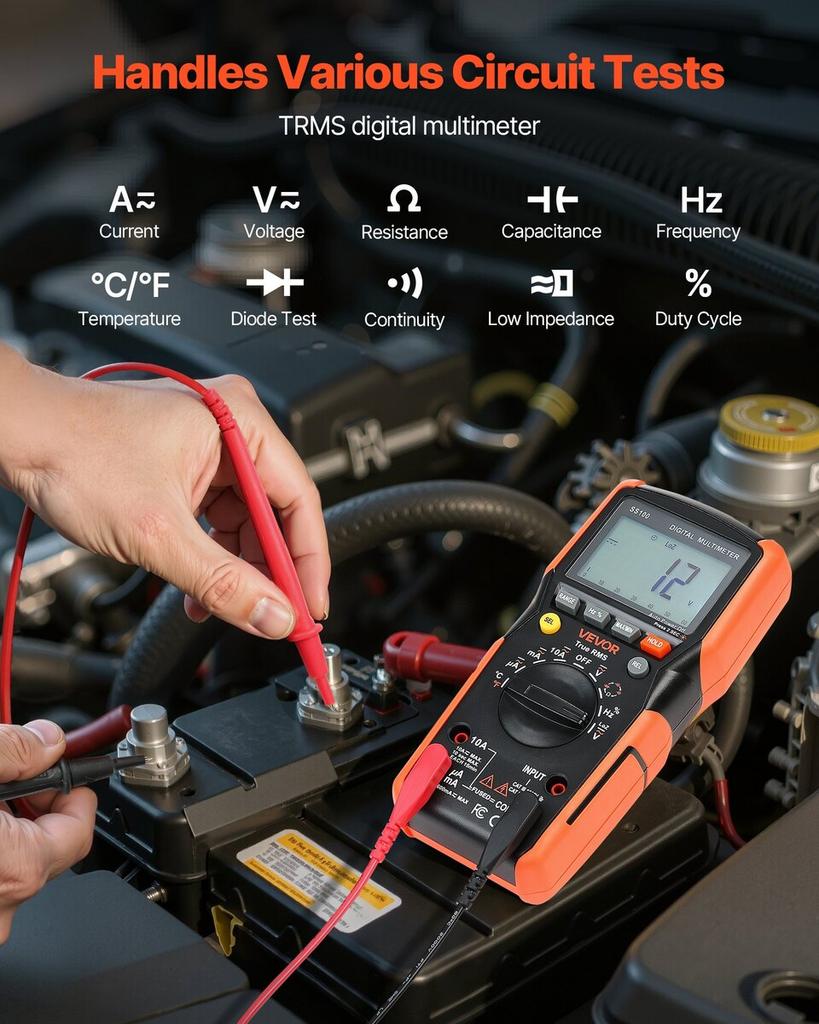 Digital Multimeter, 6000-Count TRMS DC/AC Voltmeter Current Tester, Auto-Ranging Multimeter for Current Voltage Resistance Capacitance Temperature