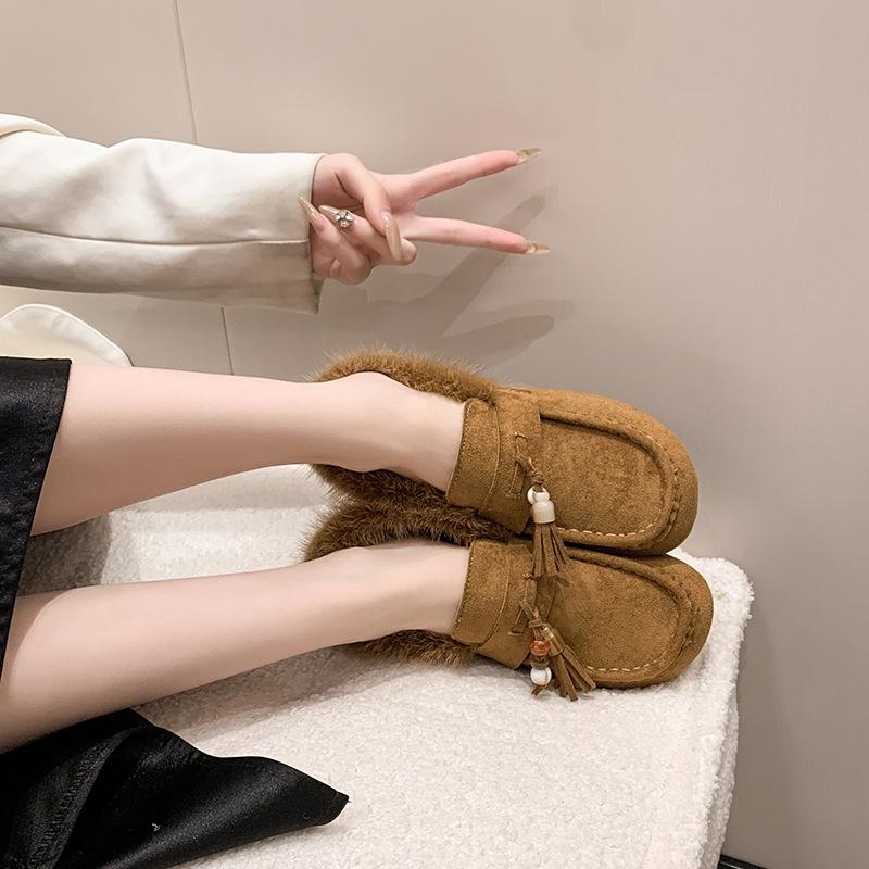 Boken shoes women's 2025 autumn new soft-soled suede one-pedal loafers beaded tassel fashion versatile cotton shoes