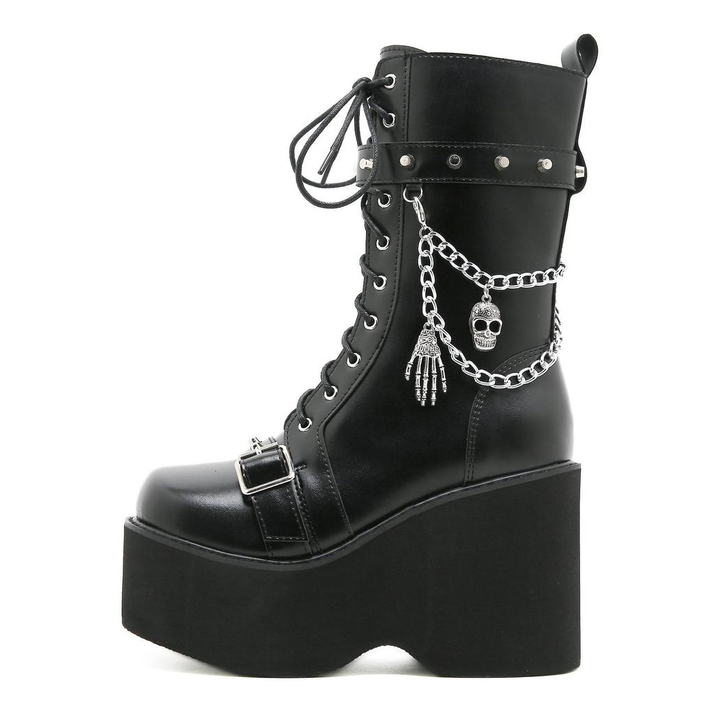 Gdgydh Plus Size 43 Spring Autumn Women Boots with Chain Wedges Platform Boots Punk Skull Goth INS Women Cosplay Shoes Combat Boots