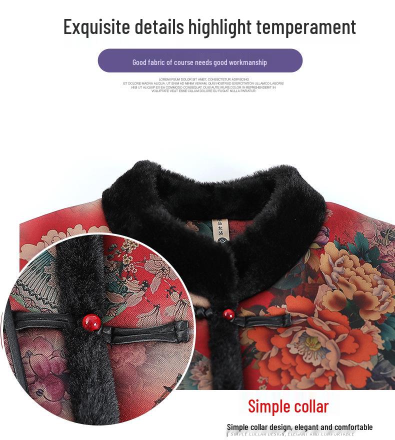 Stylish Winter Coat for Middle-aged and Elderly Women with Velvet Lining - Loose Fit, New Chinese Style
