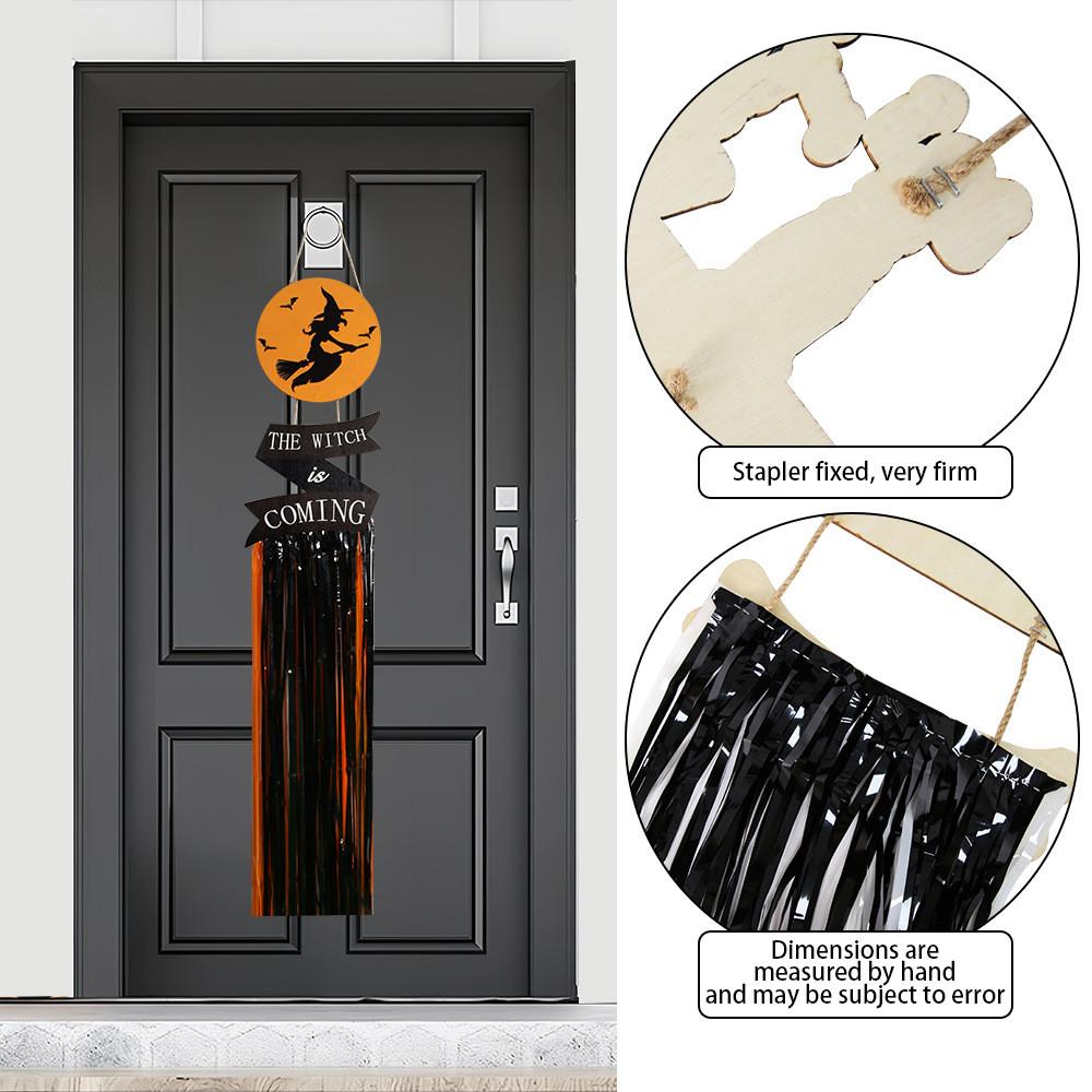 Halloween Eyecatching Wooden Sign With Rainy Tassels Featuring Bats Witches And Skeletons Decor For