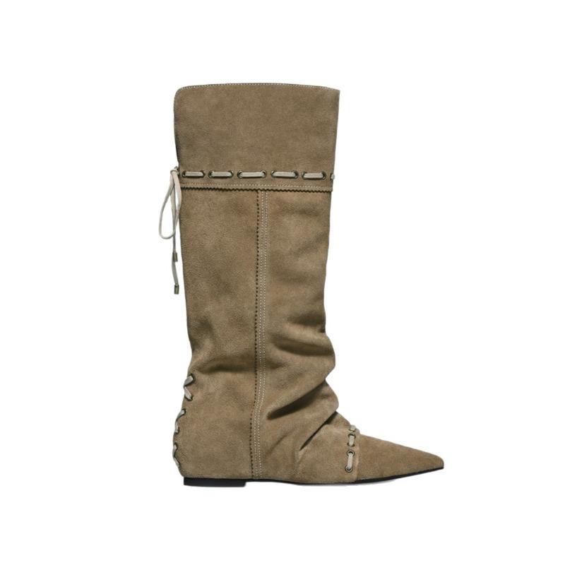 New Retro and Niche Boots with Pleated Shoes, Pointed Boots and Inner Height-increasing LACES