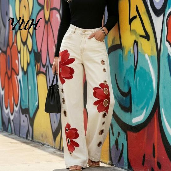 High Rise Trousers Women Waisted Wide Leg Jeans, Vintage Floral Print Faux Denim Jeans Trousers, Loose Fit Casual Pants with Pockets & Metal