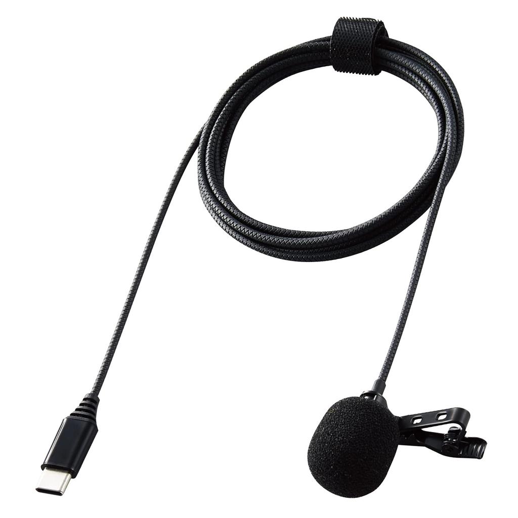 ELECOM HS-MC09CBK Pin Microphone with Clip, Windshield Jammer, USB Type-C, Storage Pouch, 1.8m, Black