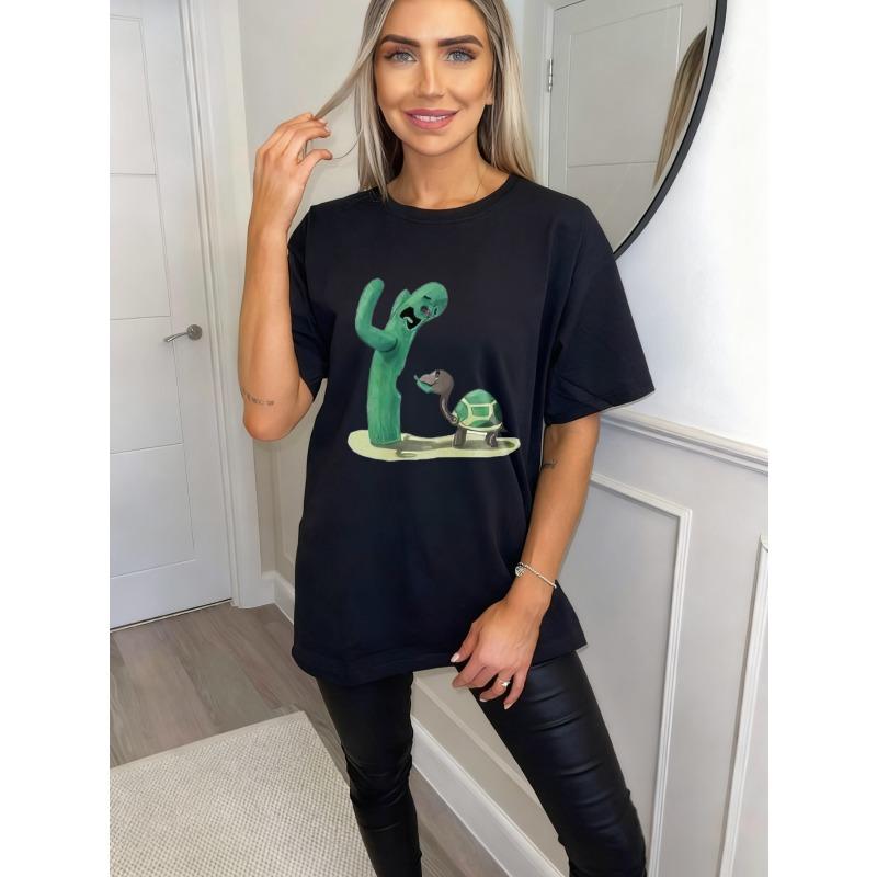 Oversized T Shirt Black Cactus And Turtle Print Casual Wear For Women Summer Streetwear Fashion Top