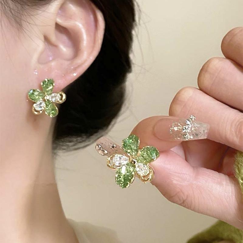 New Stitching Zircon Green Crystal Flowers Earrings for Women Personality Fashion Summer Accessories Party Jewelry Birthday Gift