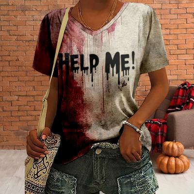 Dámske tričko s výstrihom do V, s dlhým rukávom, s potlačou krvavých písmen, voľného strihu, halloweensky pulóverový top, festivalové párty oblečenie