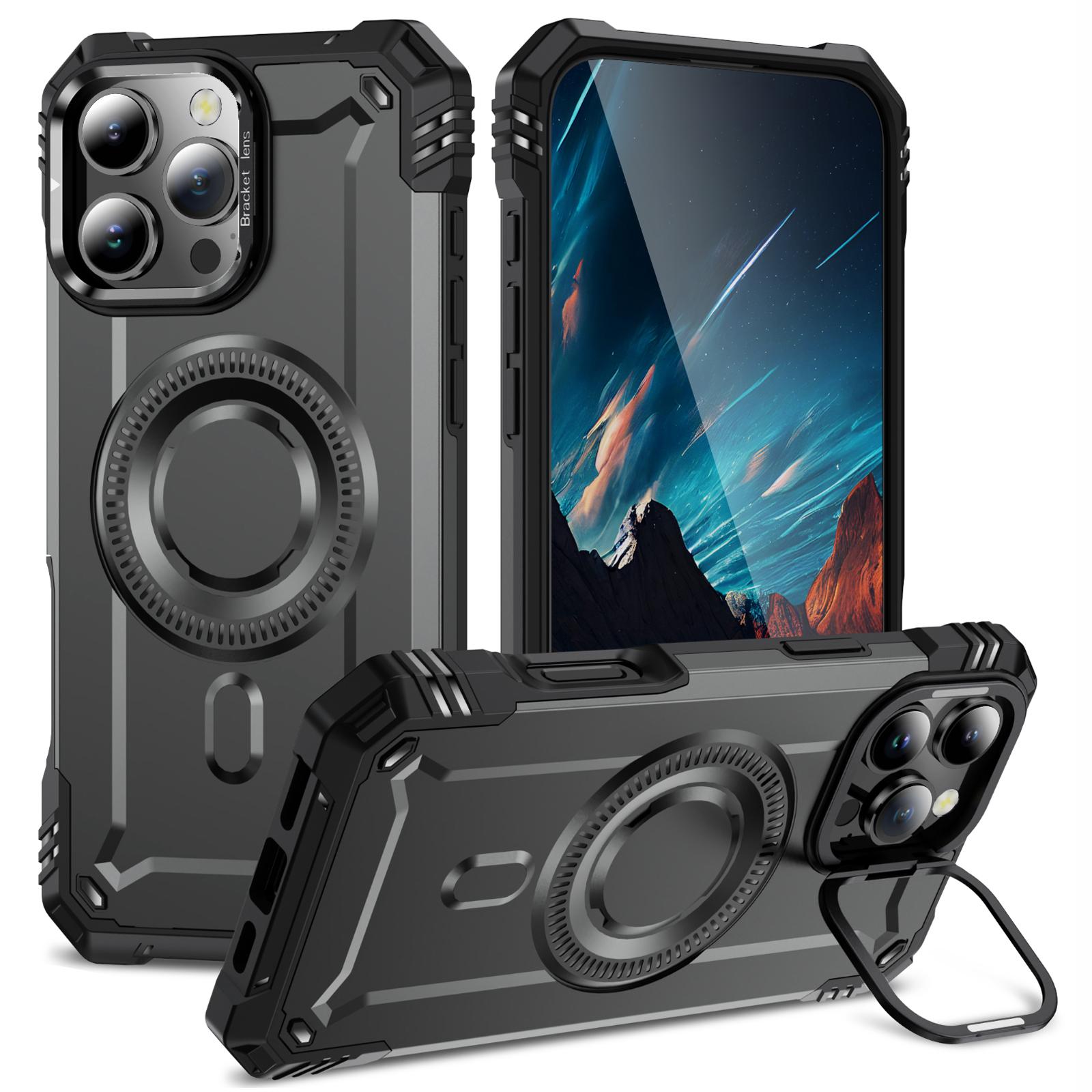 

For iPhone 16 Pro Max Case Compatible with MagSafe Metal Lens Frame Kickstand PC+TPU Mobile Cover Grey