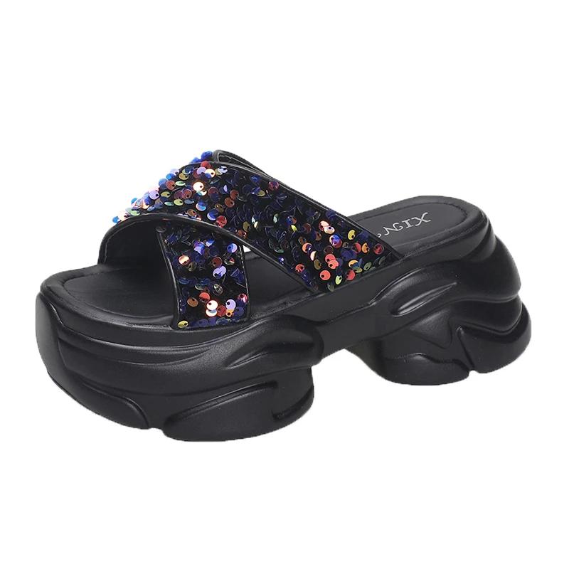 Fashion Summer Bling Slippers Women's Chunky Sandals 2024 Fashion Women 7CM Wedges Platform Shoes Woman Open Toe Flats Beach Flip Flops
